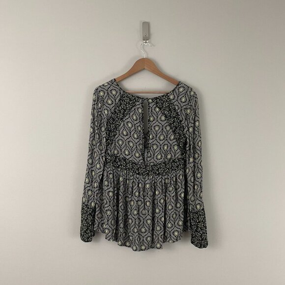 Free People Rolling Hills Bell Sleeve Tunic Top Black Combo Size Small - Picture 2 of 7